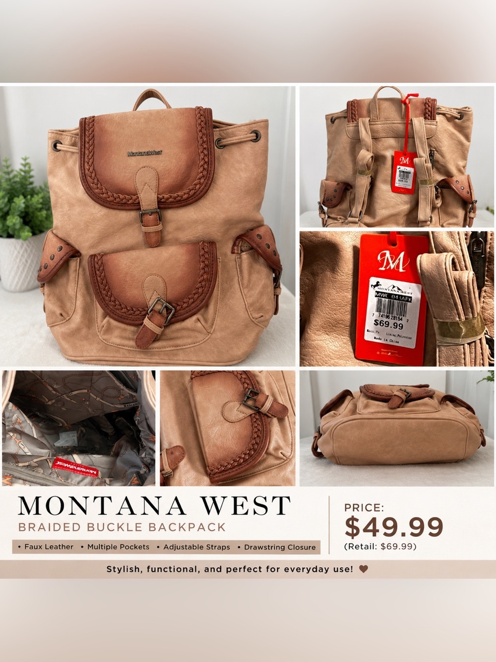 Montana West Tan and Brown Braided Buckle Backpack